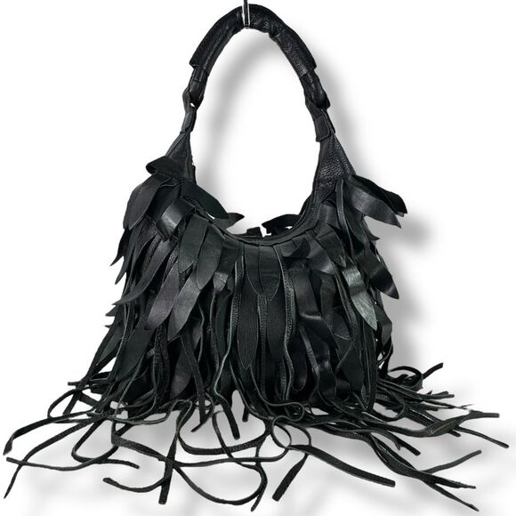 Bohemian Fringe Western Cowgirl Cowboy Rodeo Black Leather Hobo Shoulder Bag - Picture 2 of 12